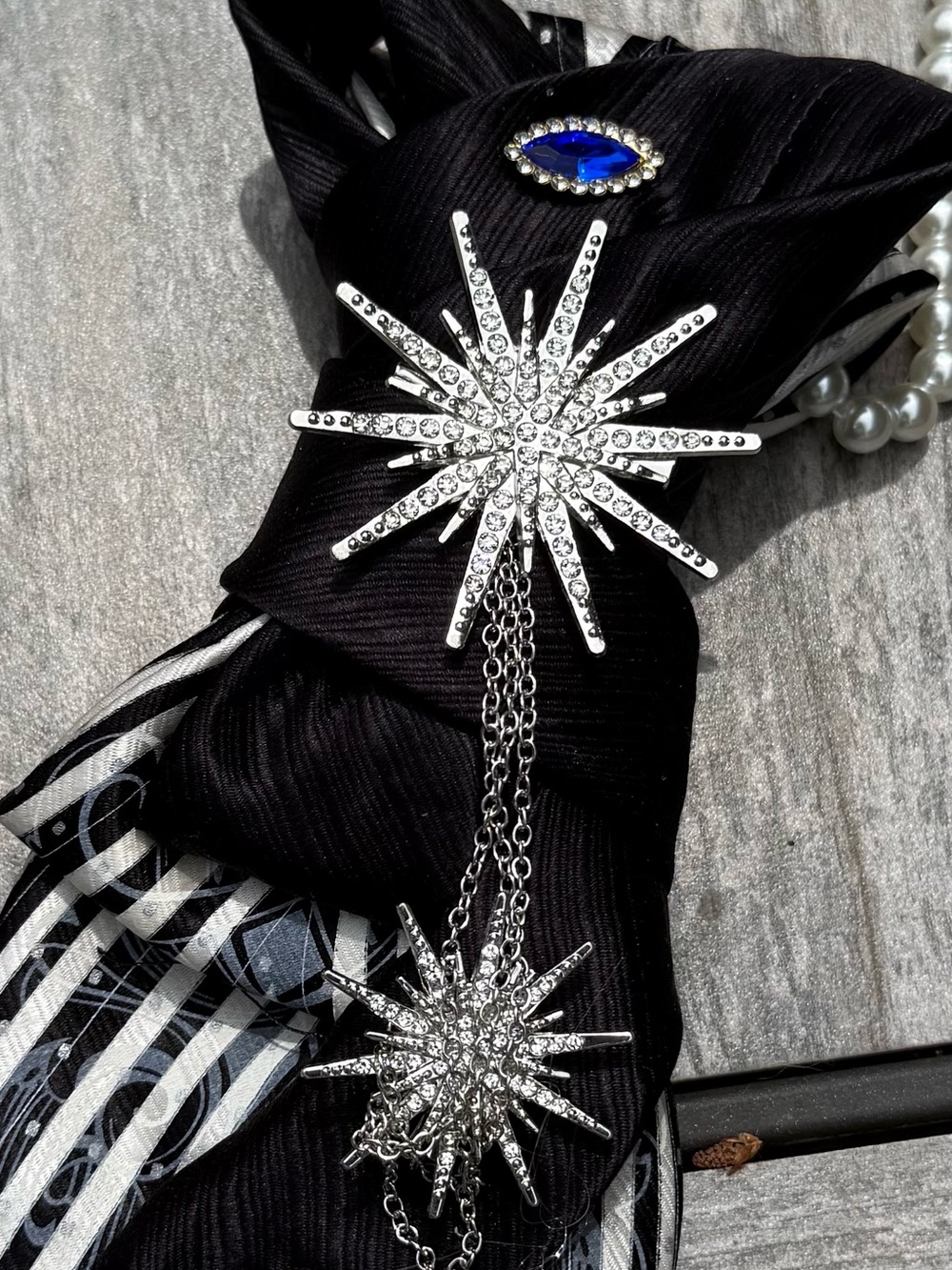 Crystal Starburst Scarf Brooch Tie Necklace with Blue Accent